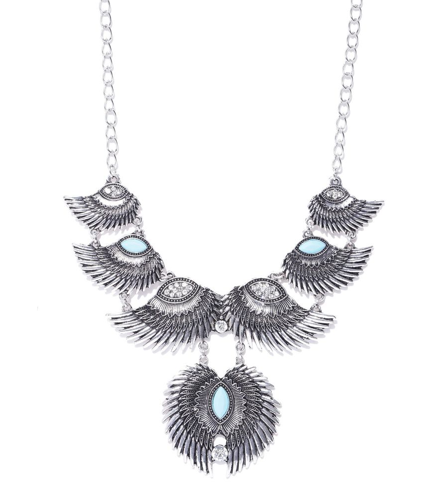 YouBella Oxidised Silver-Plated Stone-Studded Textured Necklace